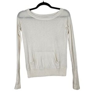 Lululemon Cream Light Long Sleeve Sweater Thumb Holes Sheer Front Pocket Size 4‎
